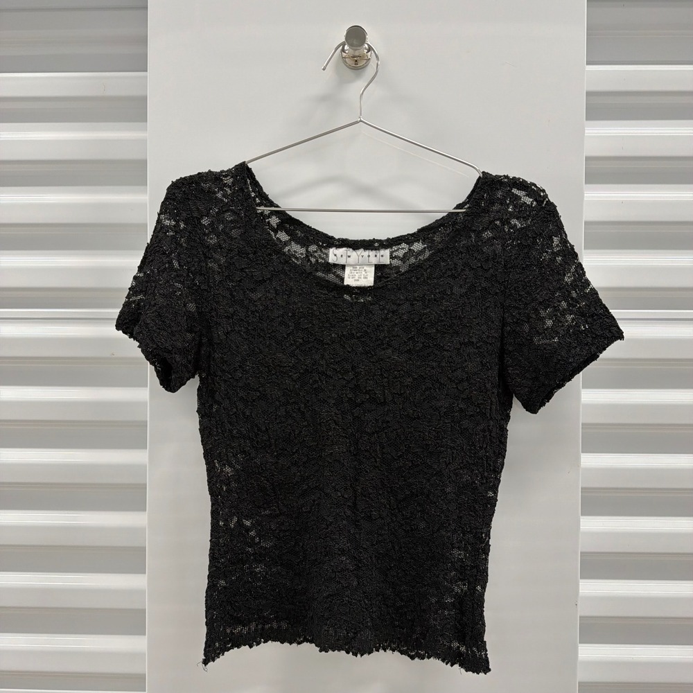 90s Style New York Black Lace Short Sleeve Top Sheer Floral Scoop Neck F28809